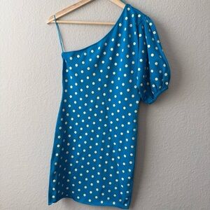 Zara Blue and White Polka Dot One Shoulder Mini Dress with Puff Sleeve